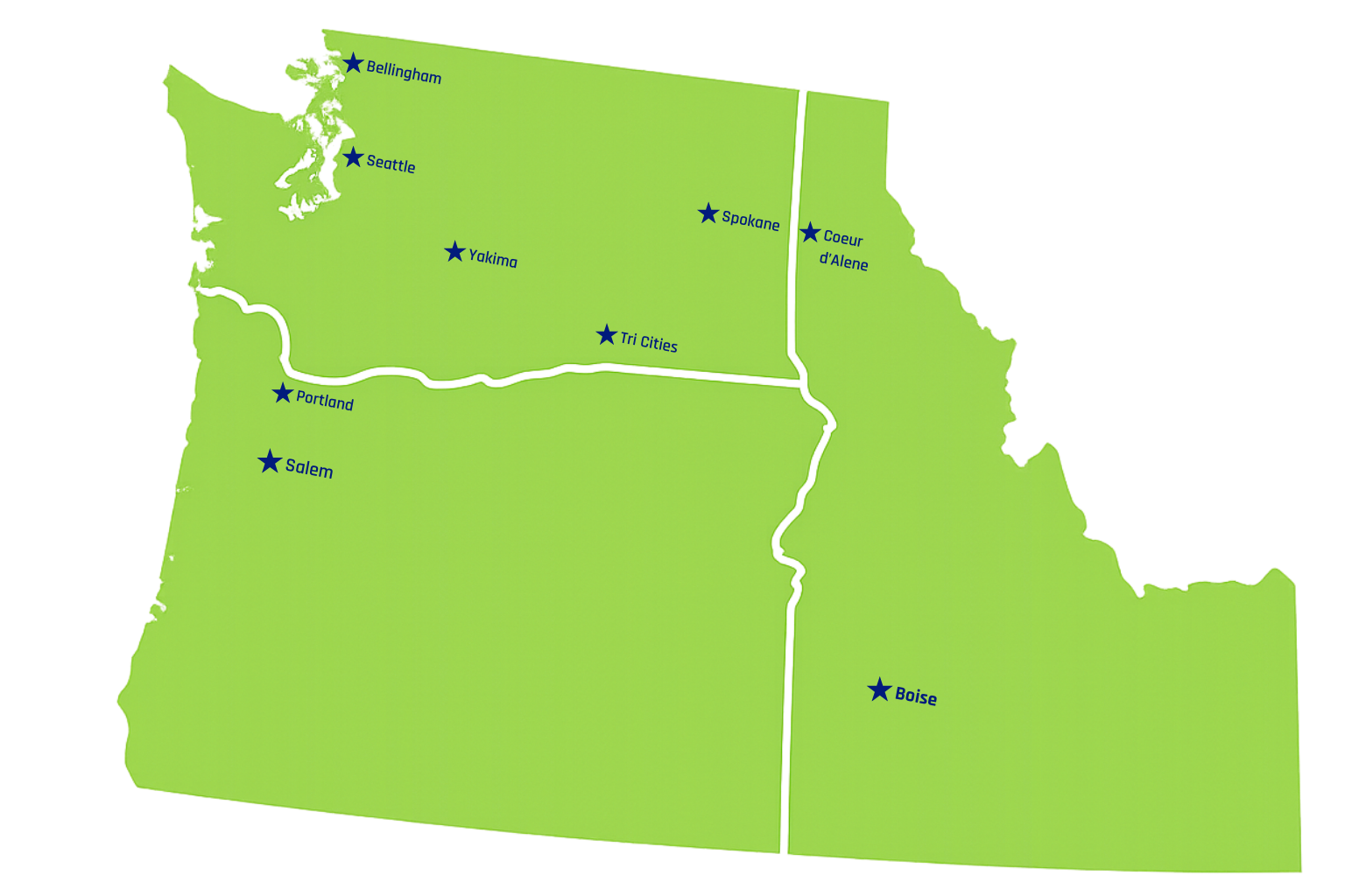 Service area map showing Washington, Oregon, and Idaho with key cities for bleacher rentals including Seattle, Portland, Spokane, Boise, and Tri-Cities.