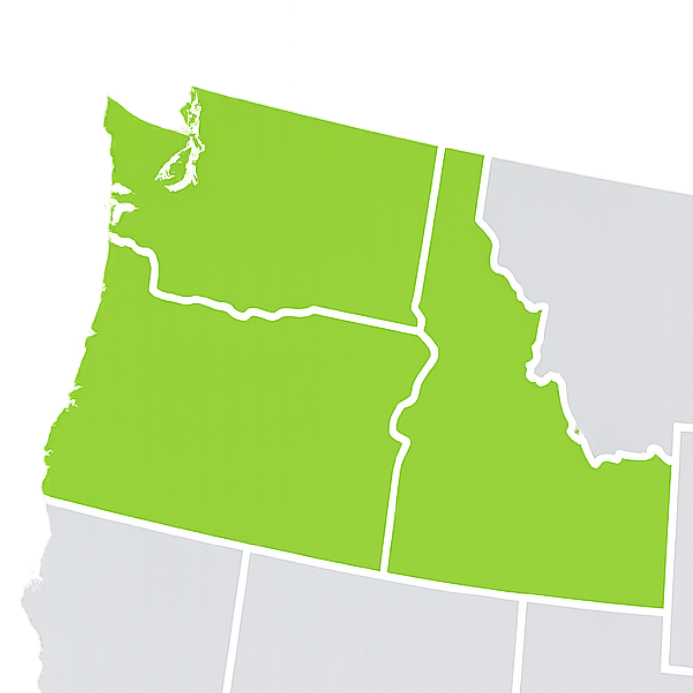 Pacific Northwest service area map highlighting Washington, Oregon, and Idaho for Bleachers NW professional seating solutions