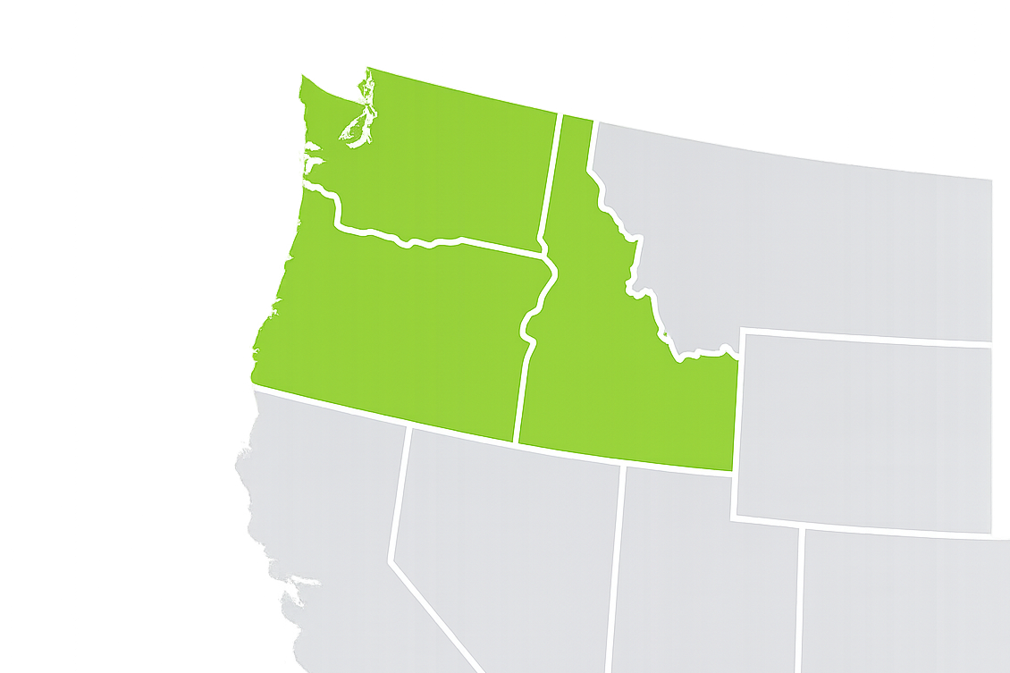 Bleachers NW service area map showing bleacher seating solutions across Washington, Oregon, and Idaho