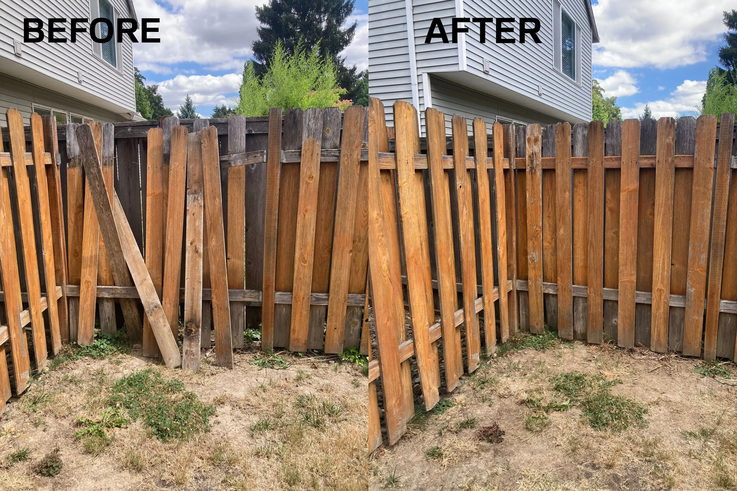 before and after of a picket fence being restored