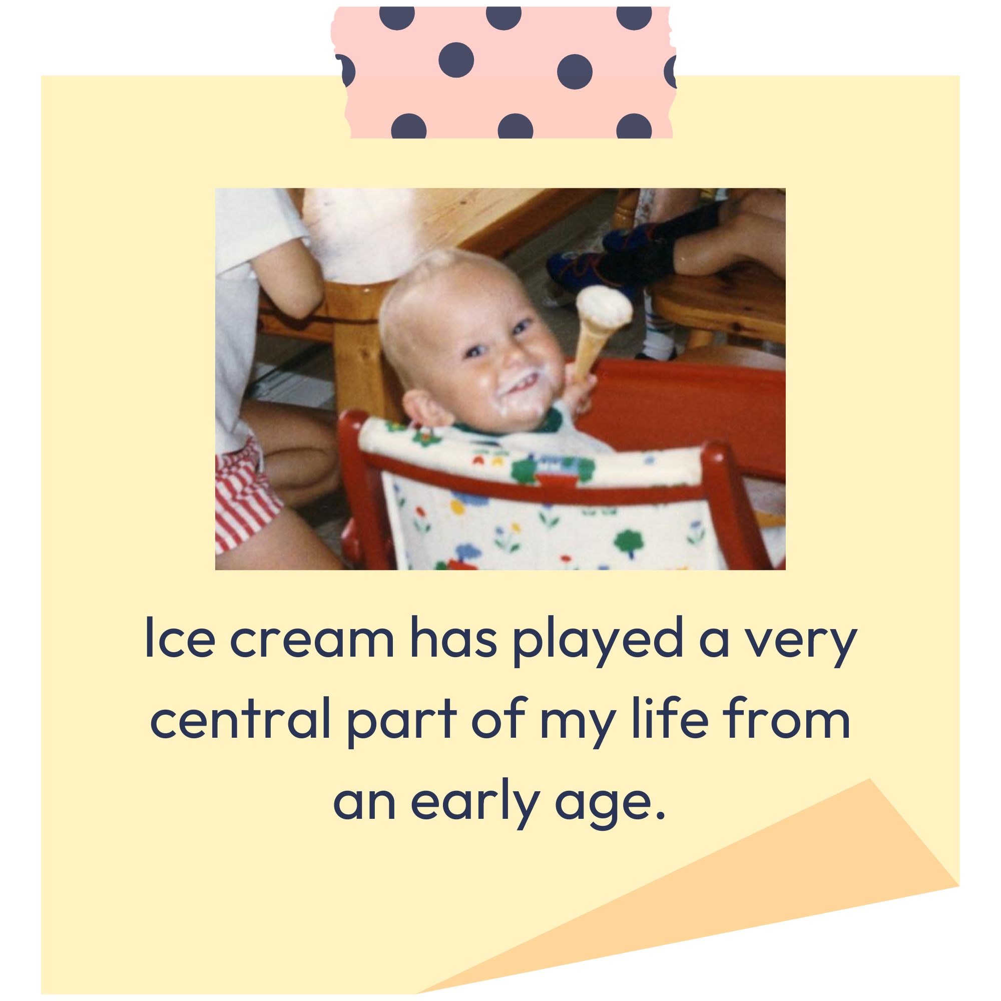 Young boy eating ice cream in a wooden high chair at a table, smiling at the camera.