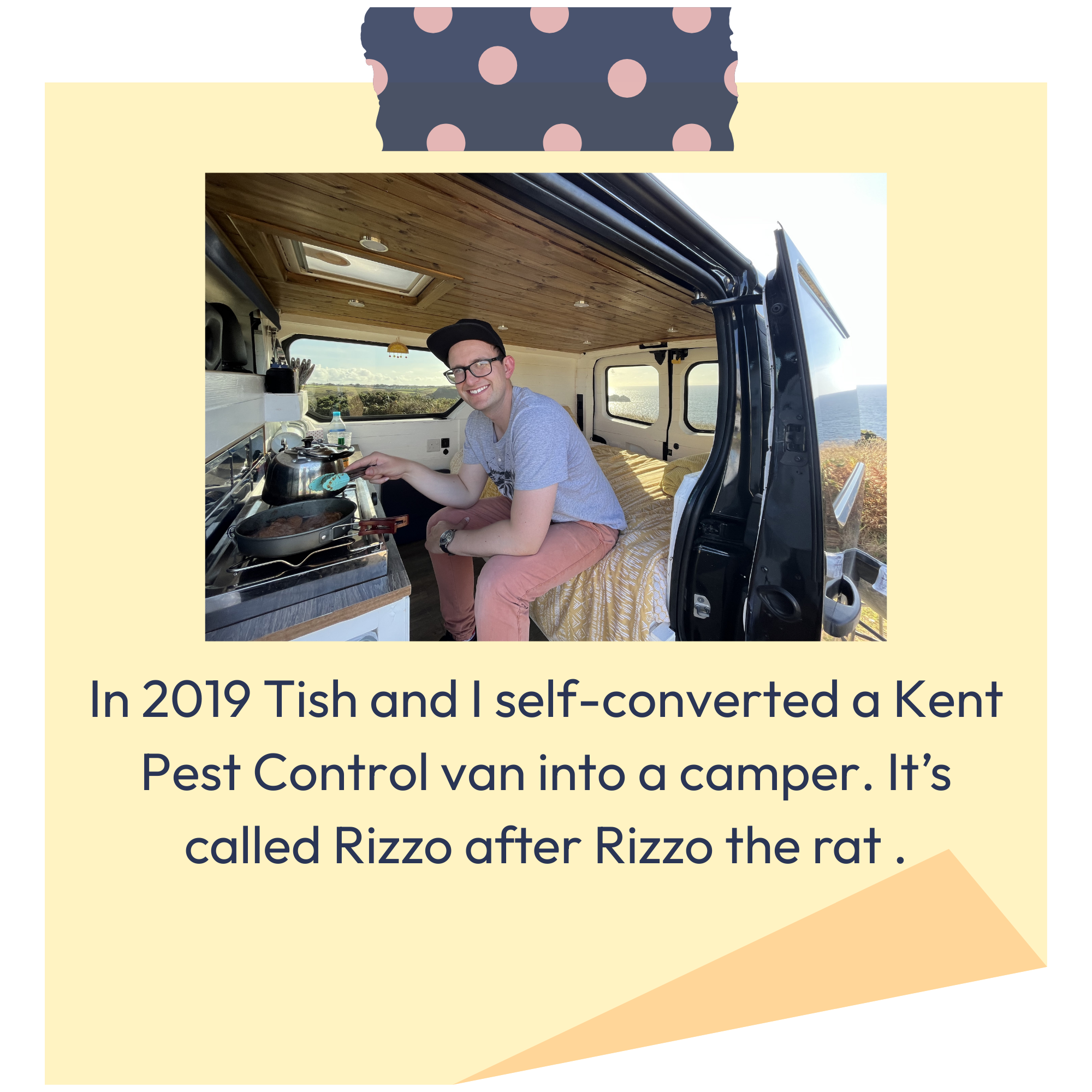 A man smiling in the interior of a camper van with wooden ceiling, kitchen counter, and view of the ocean through the window.