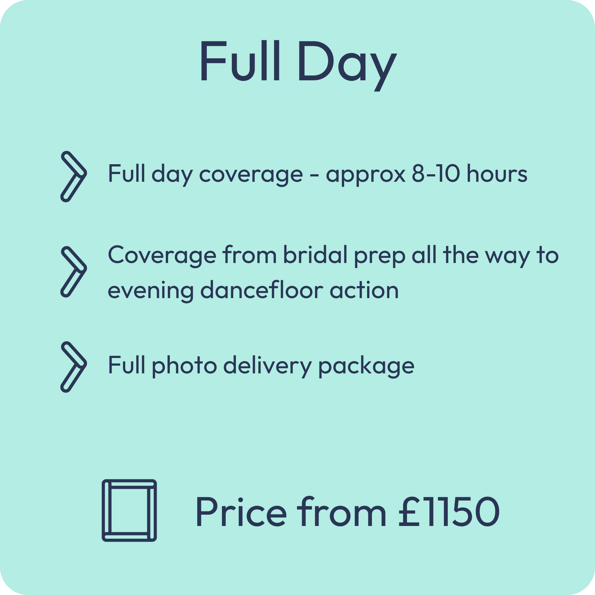 Text on blue background illustrating a full day wedding coverage itinerary, including bridal prep, dancefloor action, photo delivery, with pricing from 1150 pounds.