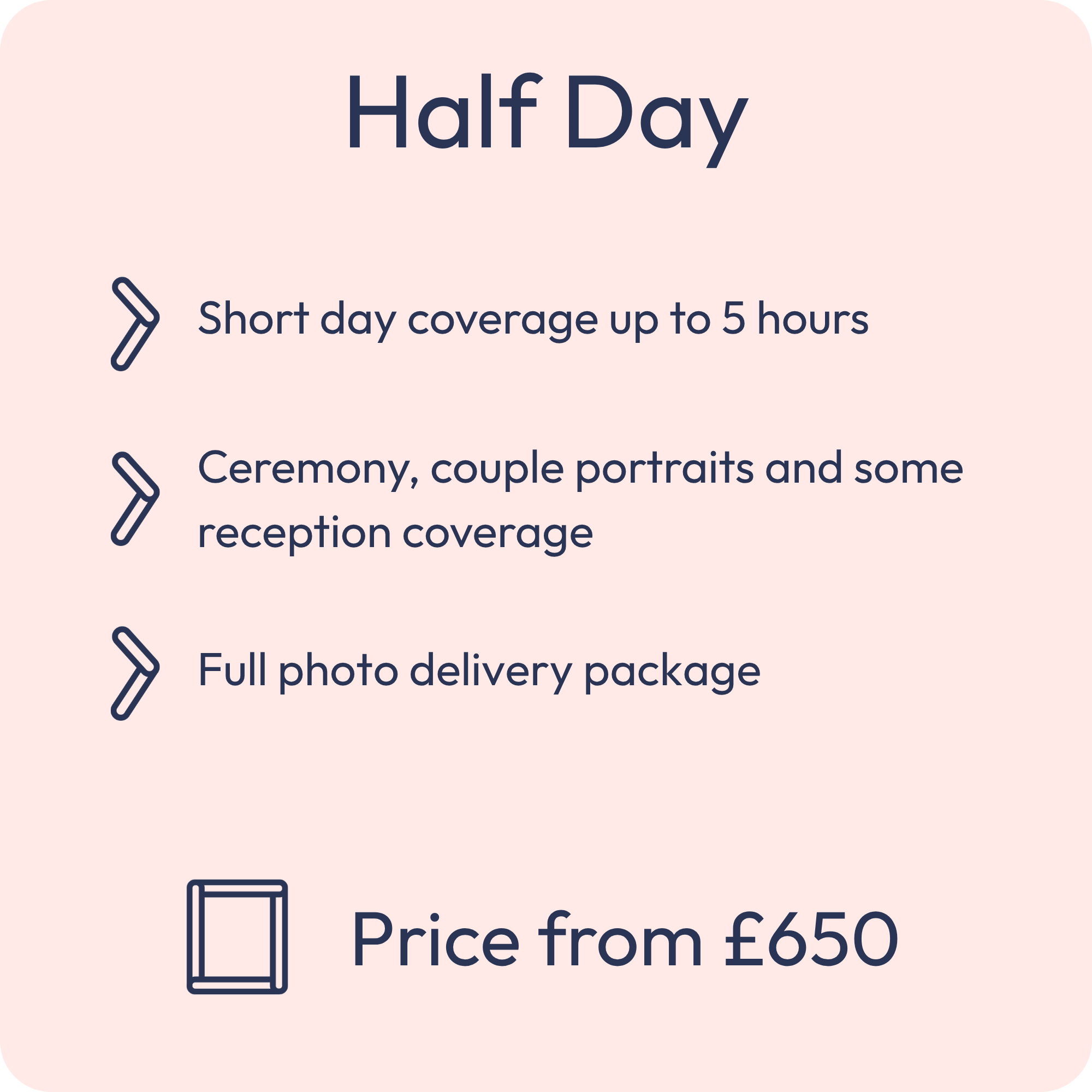 A graphic with a pink background displaying text about a half-day wedding coverage, mentioning short coverage up to 5 hours, ceremony, couple portraits, reception coverage, and pricing starting from 650 pounds.