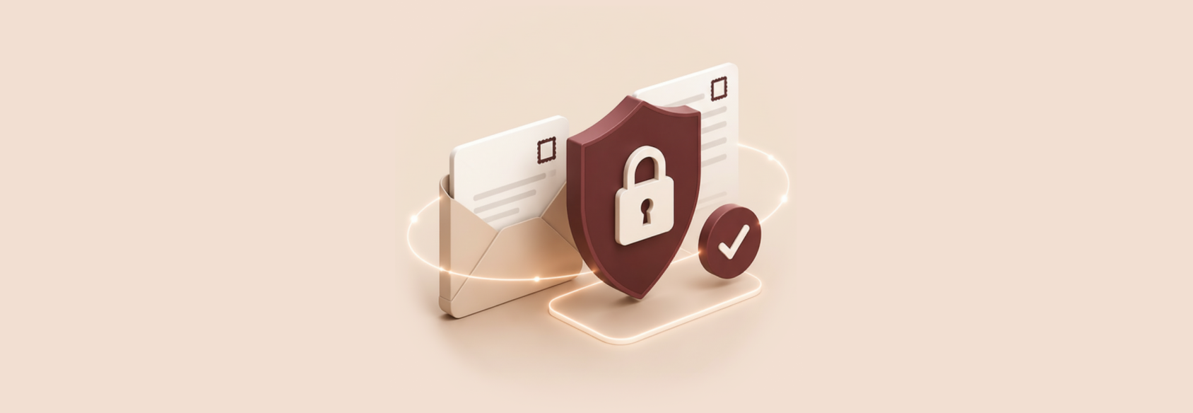 Digital illustration of an envelope with documents, a shield with a padlock, and a checkmark, symbolizing email security and data protection.