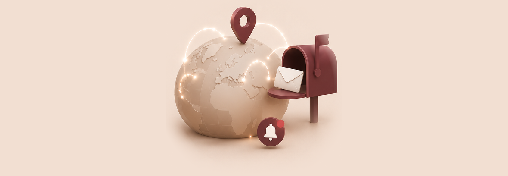 A 3D illustration of a globe with a mailbox, envelope, location pin, and notification bell icons.