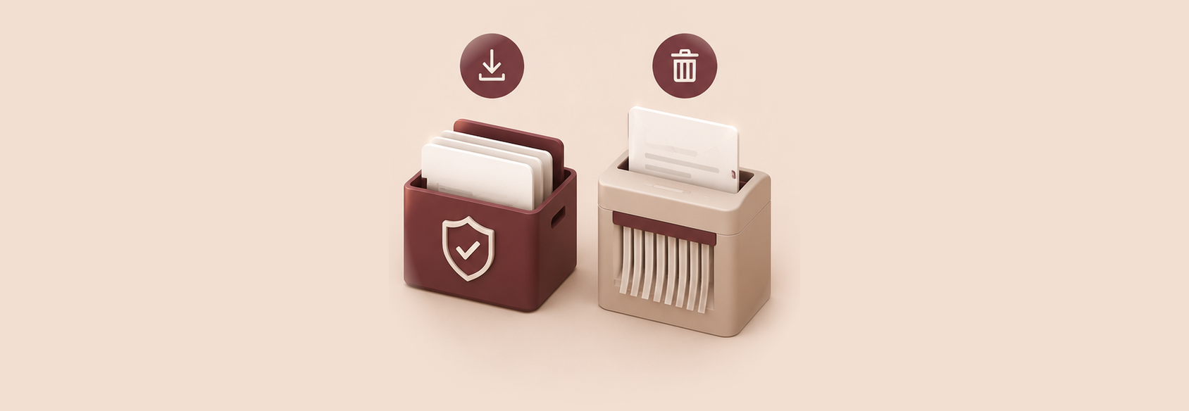 Two small desktop paper shredders, one in dark red with a shield and checkmark symbol, and one in beige with a sheet of paper inserted, set against a beige background.