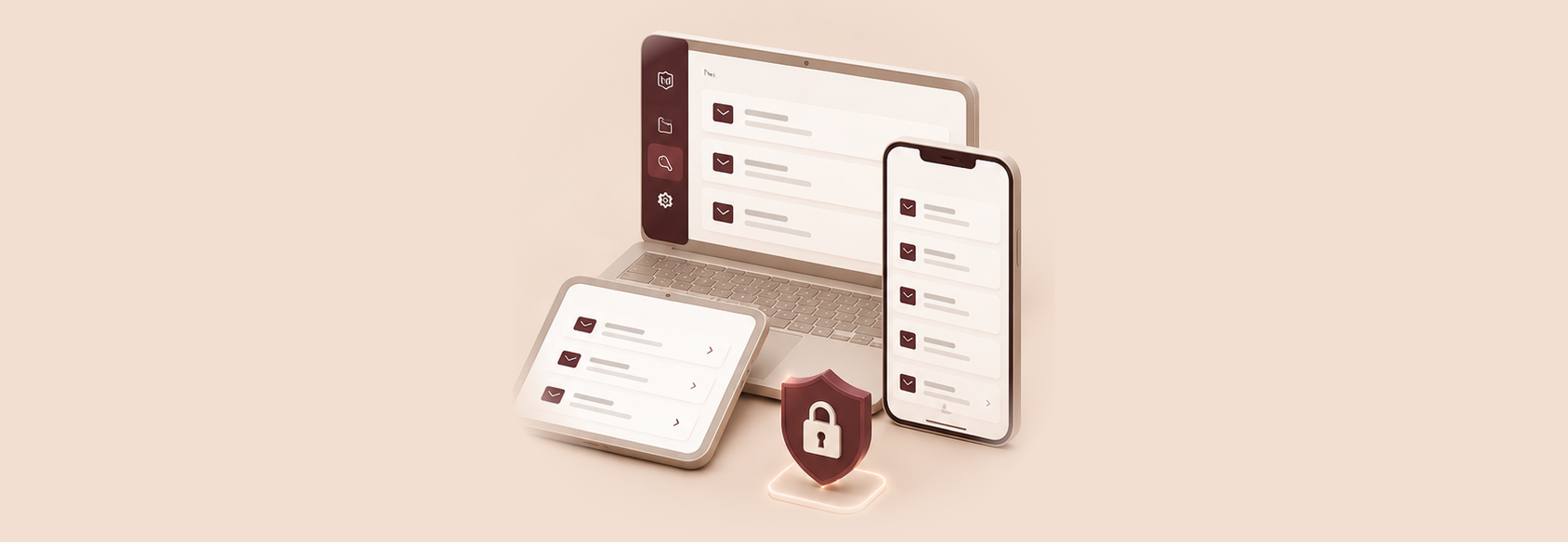 Digital devices including a laptop, tablet, and smartphone displaying email or message notifications with an security shield with a lock icon in front of them, symbolizing cybersecurity or data protection.
