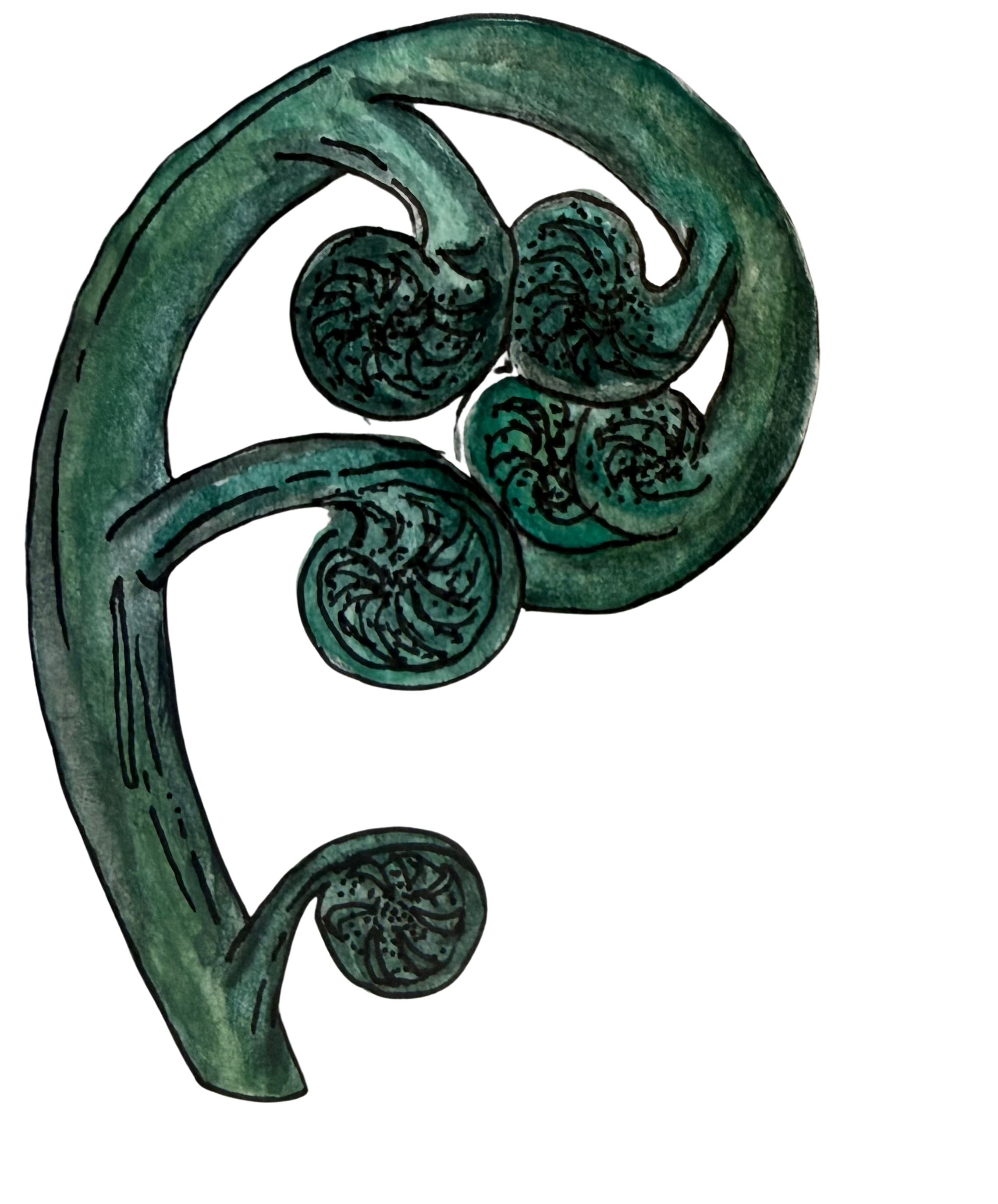 Illustration of a stylized green ivy plant with curled tendrils and detailed leaf veins.