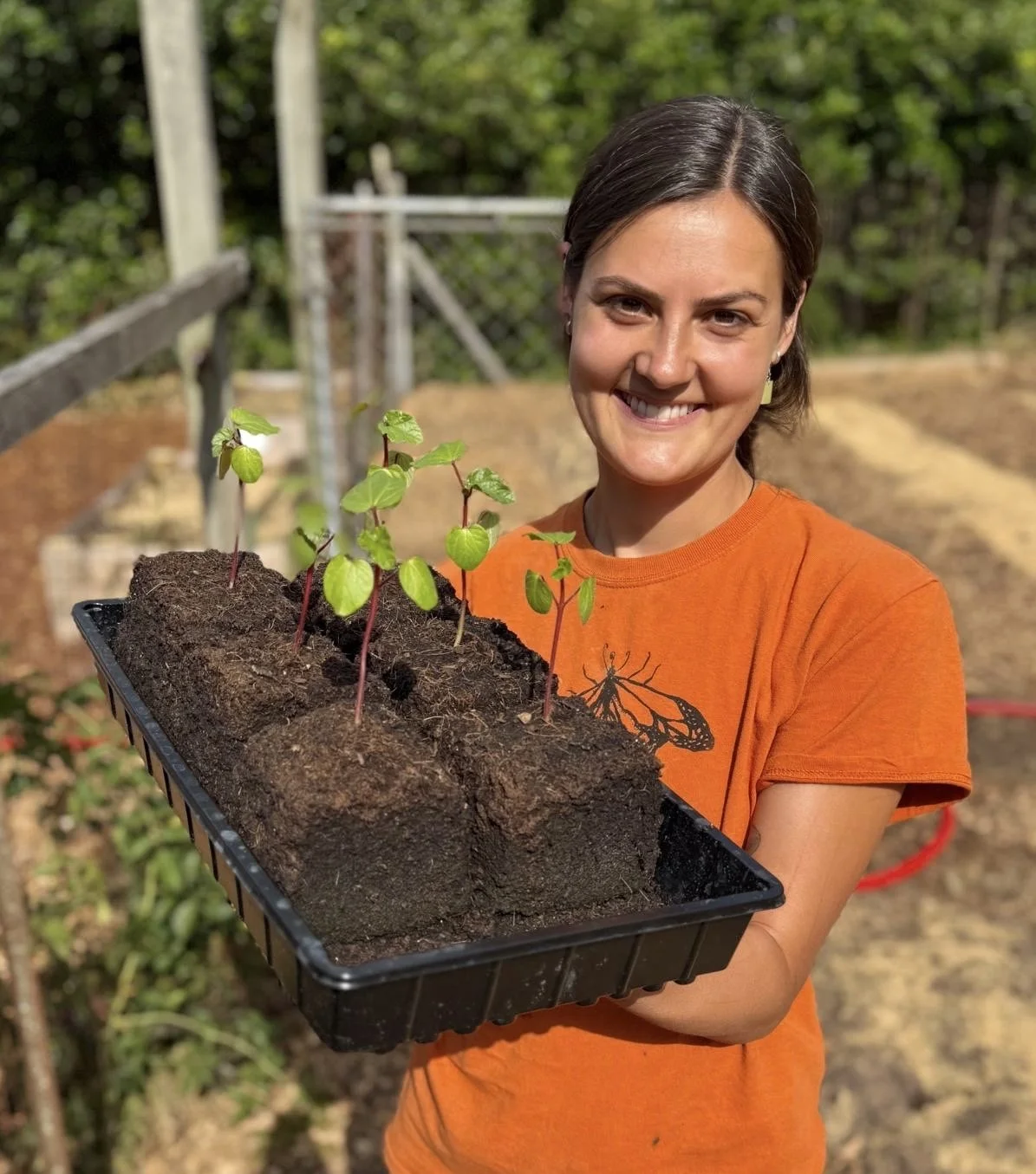 A woman wearing an orange shirt holding a tray with young plants in soil, smiling outdoors in a garden or backyard.