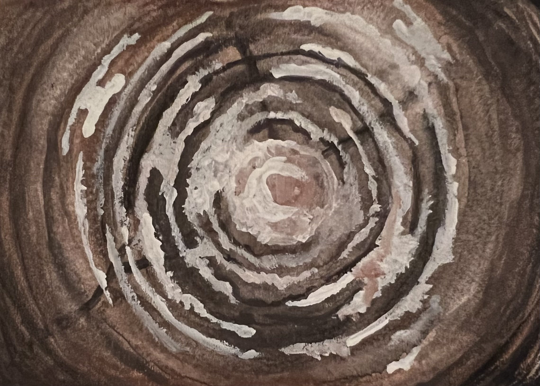 A close-up view of a spiral pattern created with layering of rocks or stones with white highlights on darker, brownish rocks.