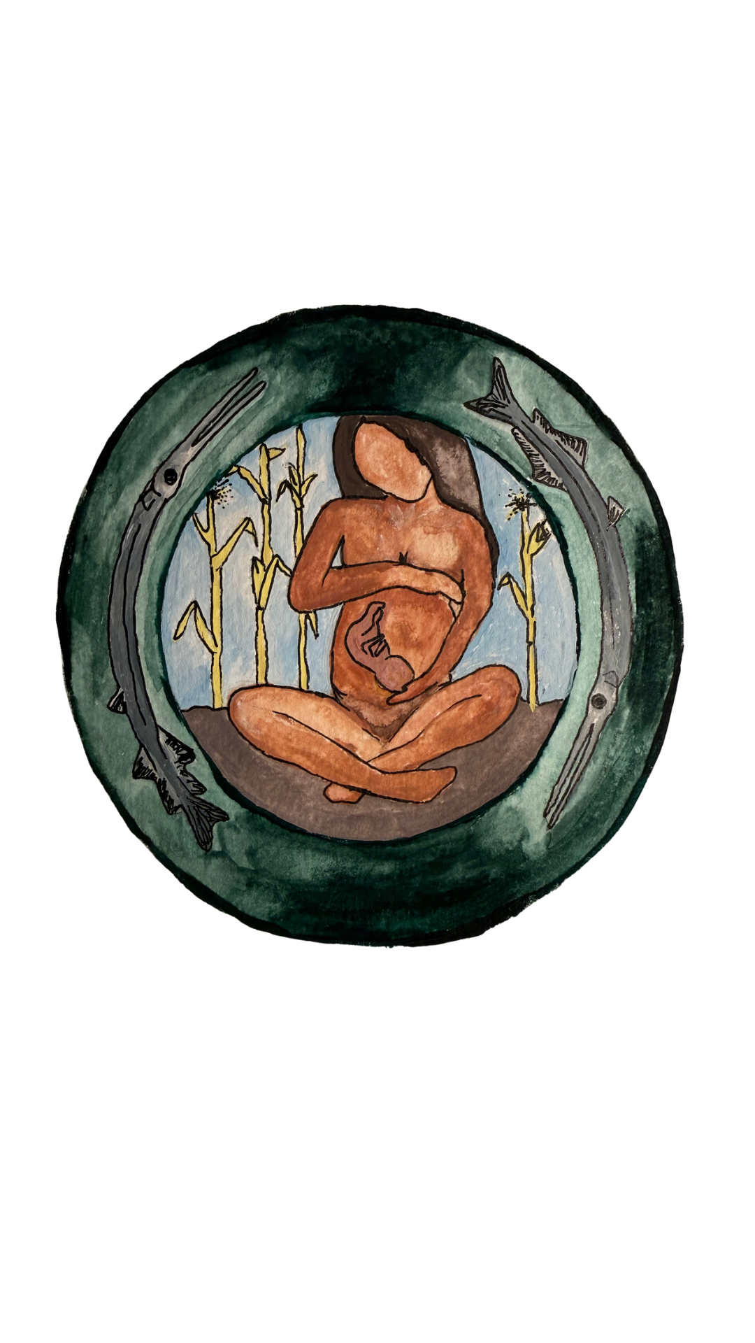 An artistic illustration of a pregnant woman sitting cross-legged in a forest surrounded by fish and trees.