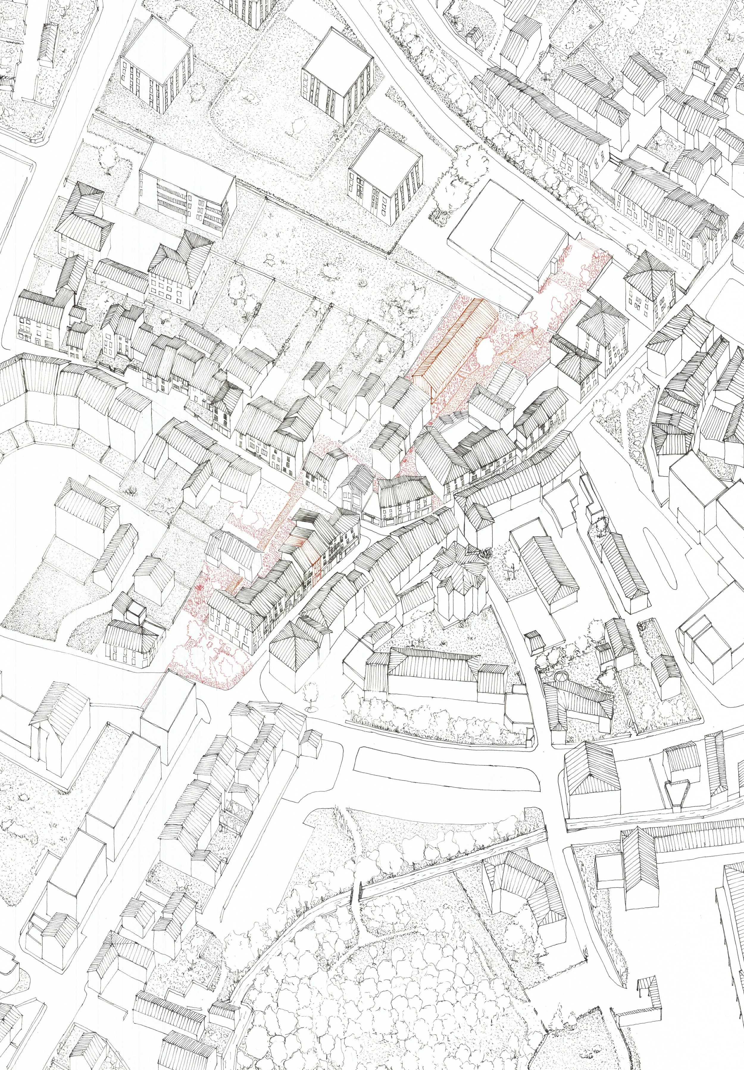Axonométrie général : un projet urbain pour le centre-bourg