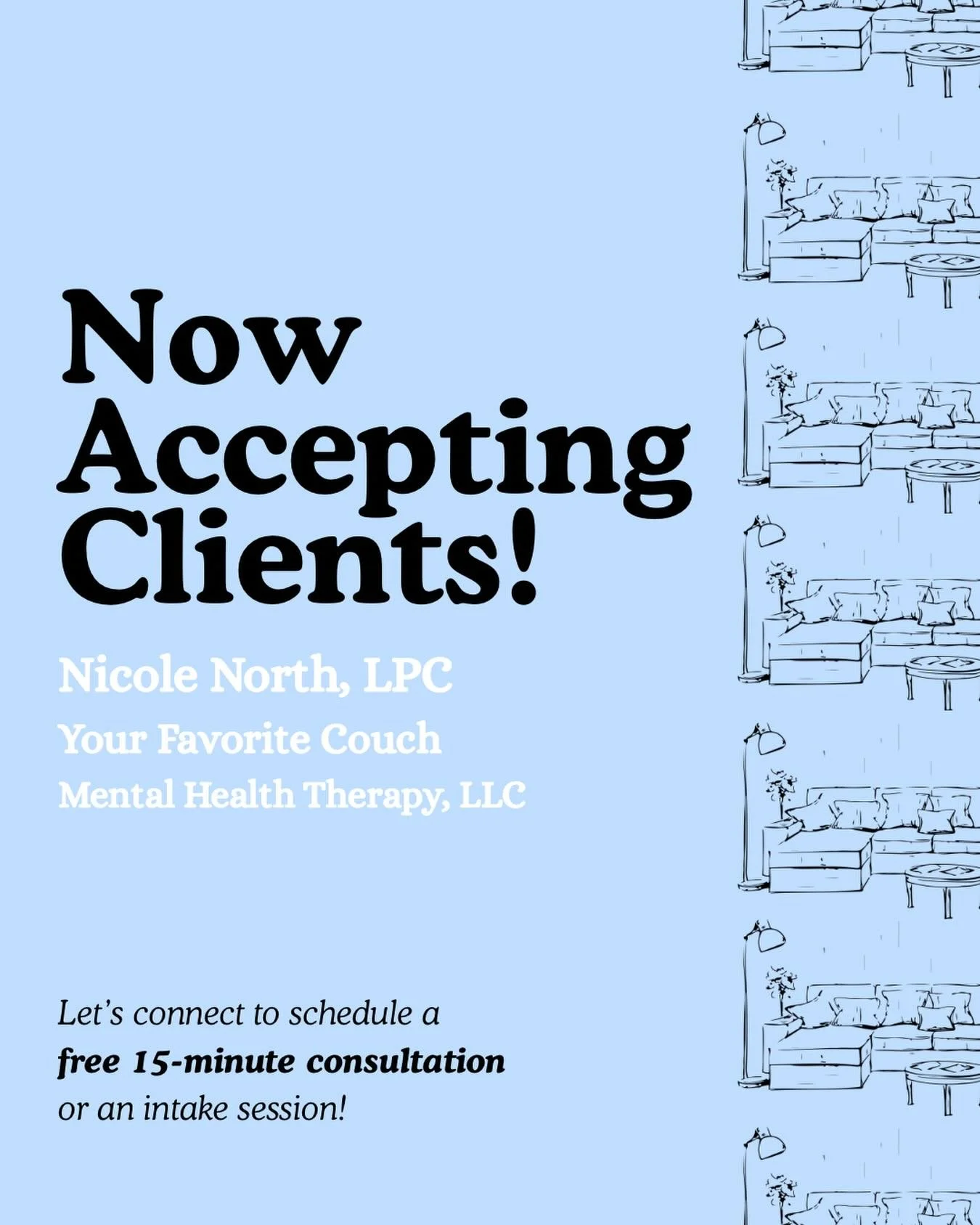 Now accepting new clients 🛋️

If you&rsquo;ve been thinking about starting therapy, this is your sign to take the next step.

I offer a warm, supportive space where you can take a seat, slow down, and feel heard as you begin working through what&rsq