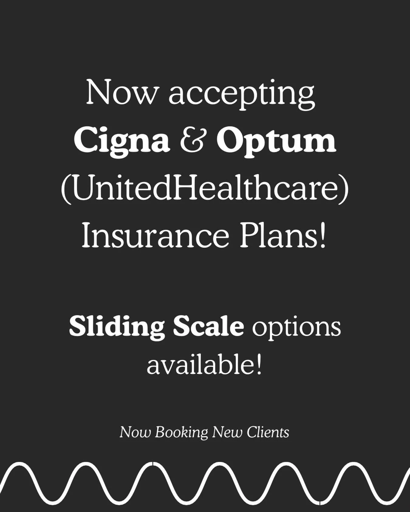 Now accepting Cigna &amp; Optum (UnitedHealthcare) ✨

Therapy should feel accessible&mdash;let&rsquo;s talk through options that work for you, including insurance and sliding scale spots.

Free consults available &mdash; link in bio