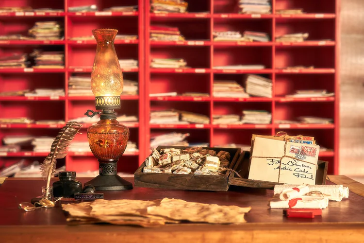 Red postal shelves, Santa Claus Post Office. Zynopsis Visuals.