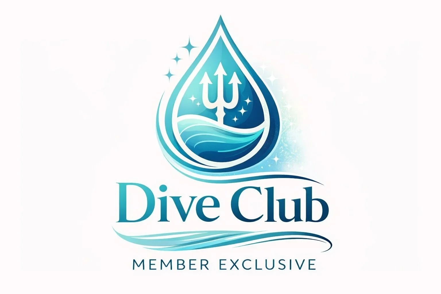 A logo for Dive Club features a stylized water droplet with a trident inside, surrounded by sparkles and waves, with the text 'Dive Club' and 'Member Exclusive' underneath.