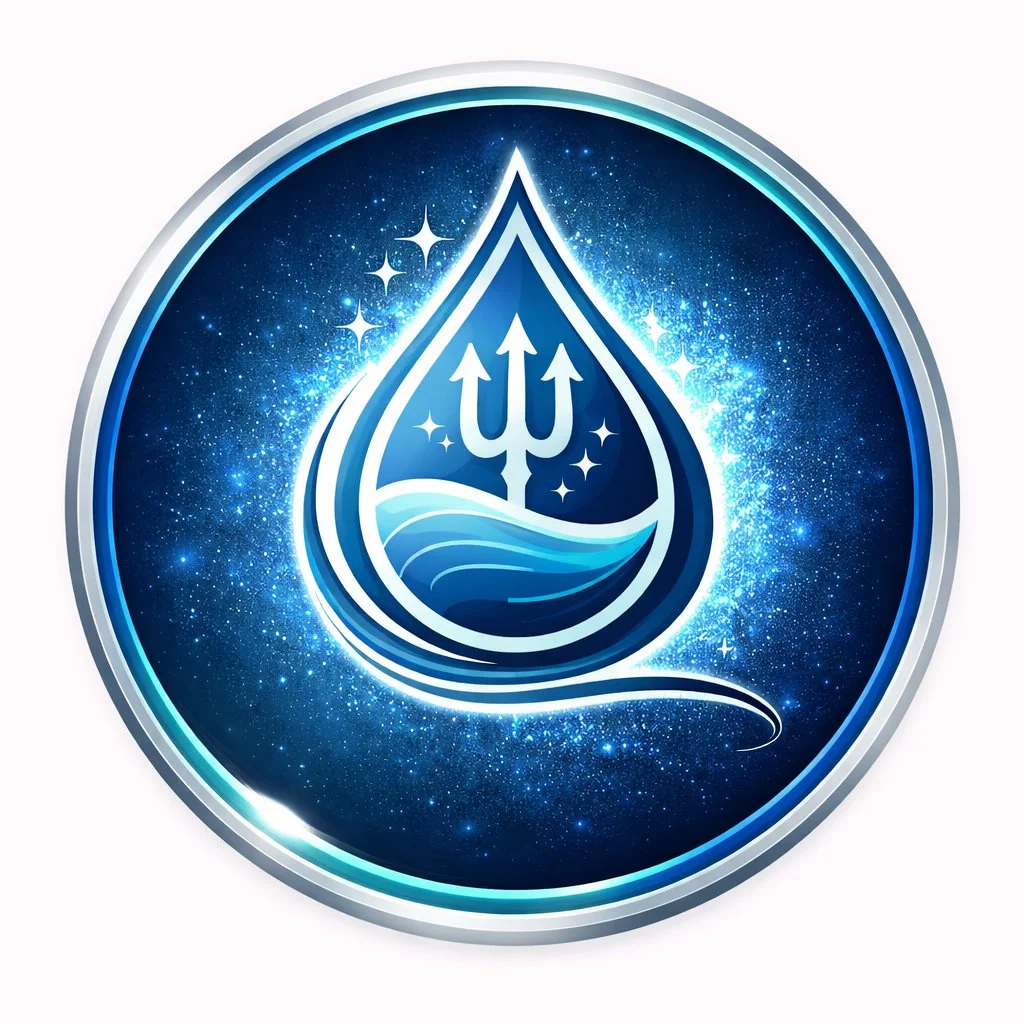 A digital logo featuring a water droplet with a trident inside, set against a starry, cosmic background with sparkles and a glowing effect.