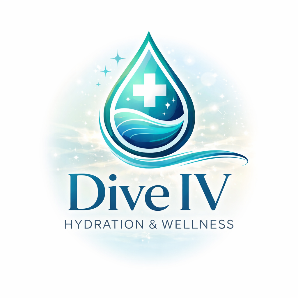 A logo featuring a water droplet with a medical cross inside, surrounded by sparkles and waves, with the text 'Dive IV Hydration & Wellness.'