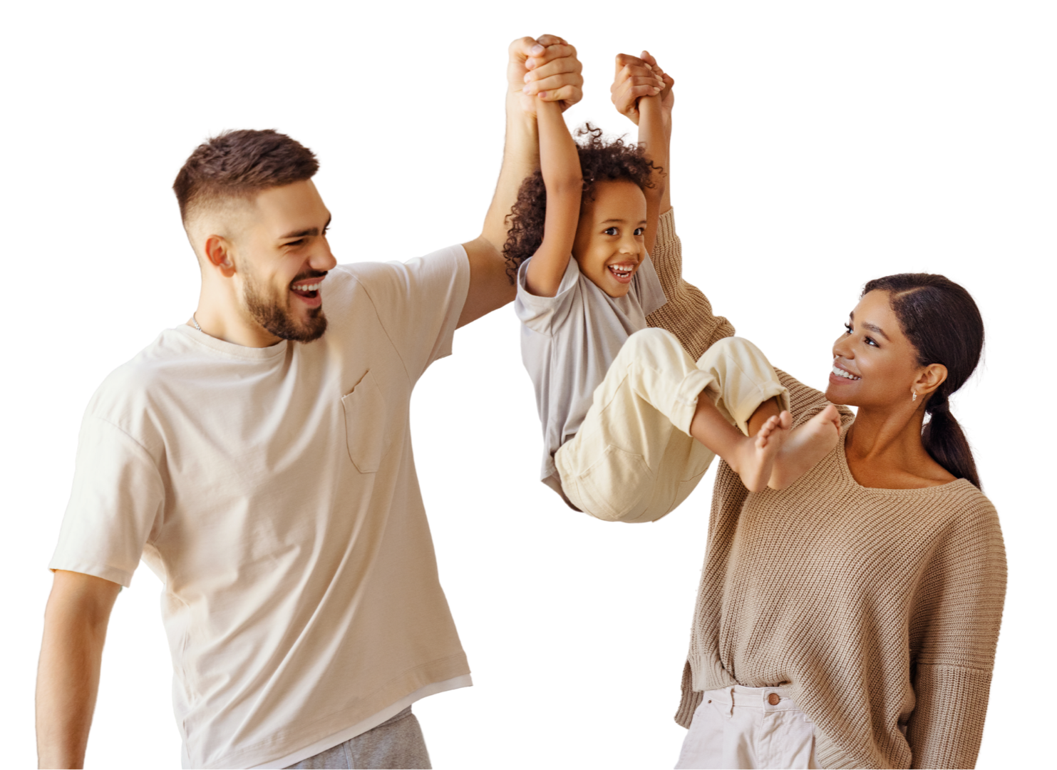 A happy family of three, a man, a woman, and a young girl, enjoying a playful moment with the girl being lifted in the air by the man and supported by the woman, all smiling and laughing.