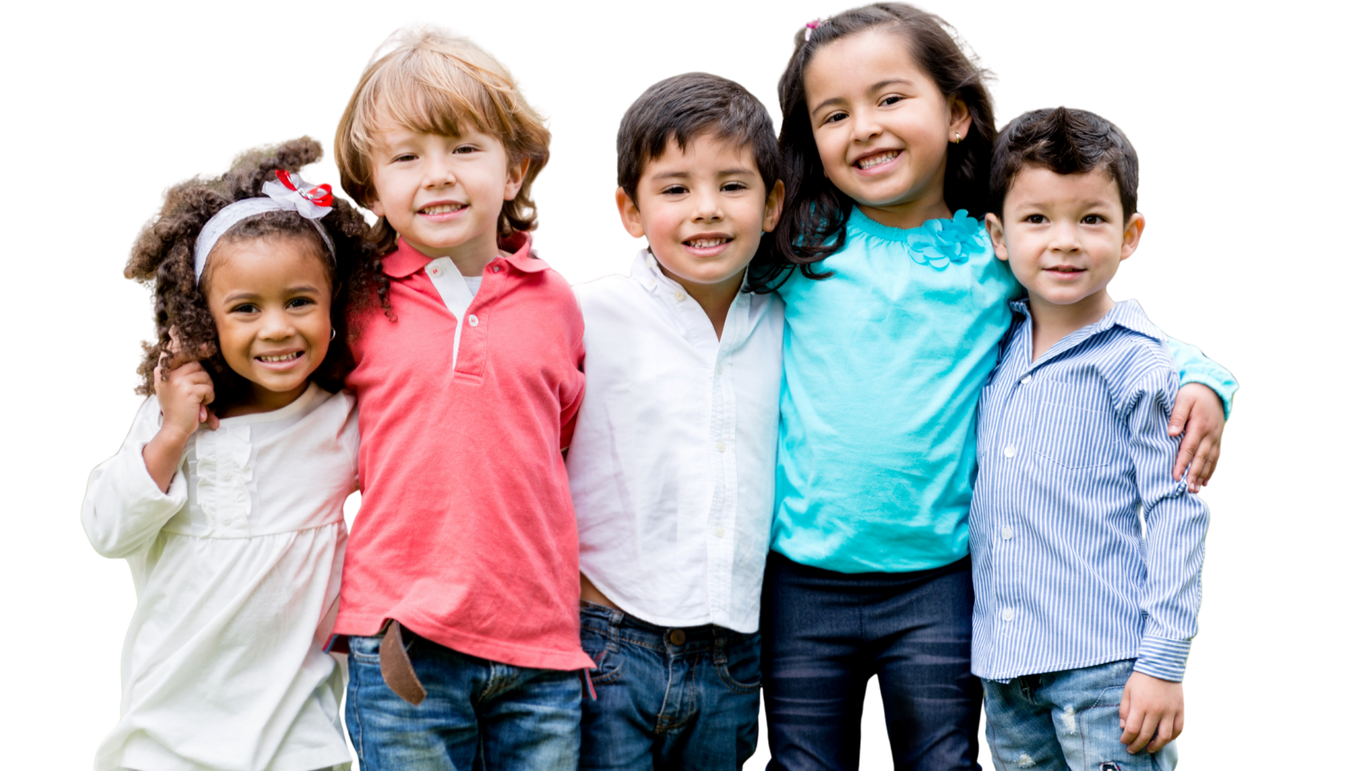 A group of five diverse children standing close together, smiling, with their arms around each other.