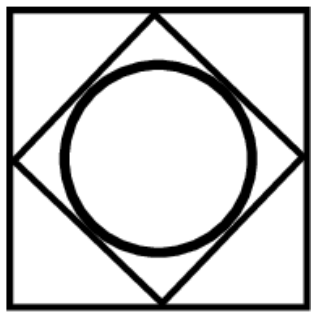 A geometric design featuring a central circle with overlapping squares and triangles in black lines.