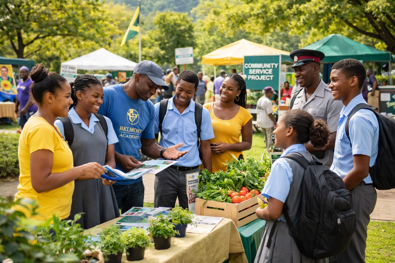 A diverse group of people gathered around a table at an outdoor community event, with some wearing school uniforms and others in casual clothing, engaging with each other and discussing plants and vegetables displayed on the table.
