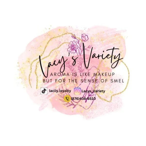 Business card for Lacy's Variety with floral background, featuring social media links and phone number, and the slogan 'Aroma is like makeup but for the sense of smell'.