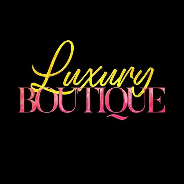 Text reading 'Luxury Boutique' with 'Luxury' in yellow cursive and 'Boutique' in pink stylized font on a black background.