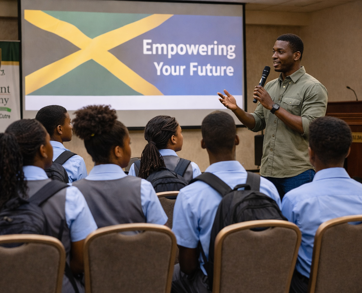 A man gives a presentation to a group of students in a classroom setting. The screen behind him displays a Jamaican flag and the text 'Empowering Your Future.' The students are wearing school uniforms and are attentively listening.