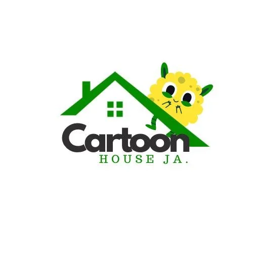 A logo featuring a green house with a small window, a yellow fluffy cartoon character with big eyes peeking from behind the roof, and the words 'Cartoon House JA'.