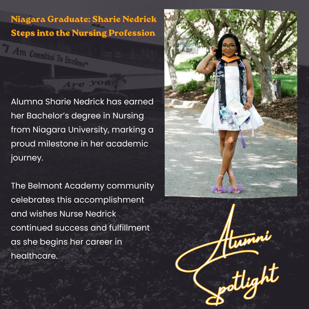 Graduation celebration featuring a young woman in a white dress and purple shoes holding a diploma, standing outdoors beneath trees. The image includes text highlighting Niagara graduate Sharie Nedrick earning her bachelor's degree in nursing from Niagara University, and celebrating her milestone at Belmont Academy.