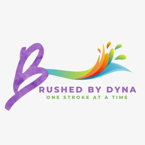 Logo with a purple cursive 'B', rainbow-colored splash, and text that says 'Rushed by Dyna' with the tagline 'One stroke at a time' underneath.