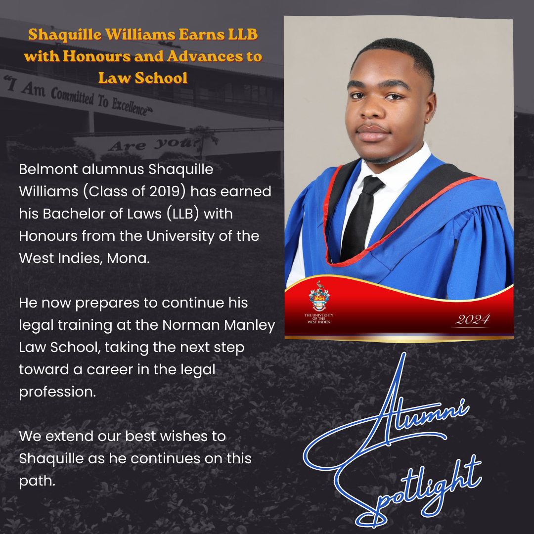 A graduation announcement featuring a young man in a blue cap and gown with a white shirt and black tie, standing against a gray background, with a school building in the background and a red banner reading "Alumni Spotlight 2024" and the university's crest. The text celebrates Shaquille Williams earning his Bachelor of Laws (LLB) with honors from the University of the West Indies, Mona, and his upcoming studies at Norman Manley Law School.