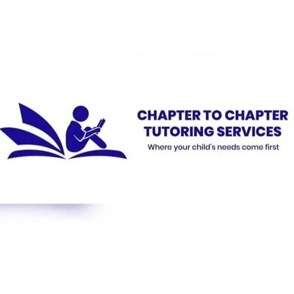 Logo for Chapter to Chapter Tutoring Services featuring a child reading a book with stylized book pages, and text stating the company's name and tagline.