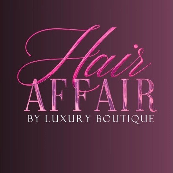 Pink and purple text on a dark purple background reads 'Hair Affair by Luxury Boutique'.
