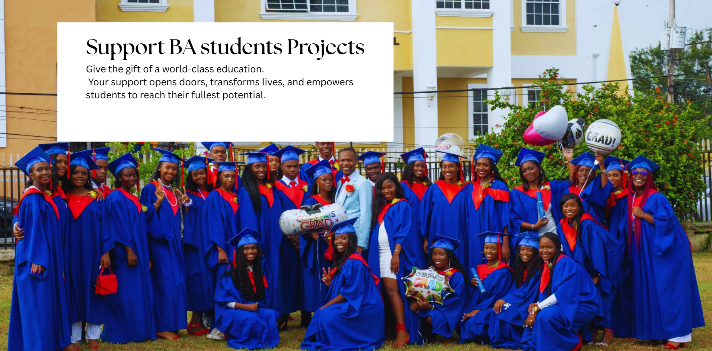 Group of graduates in blue caps and gowns, holding balloons and diplomas, celebrating after graduation outdoor in front of a yellow building.