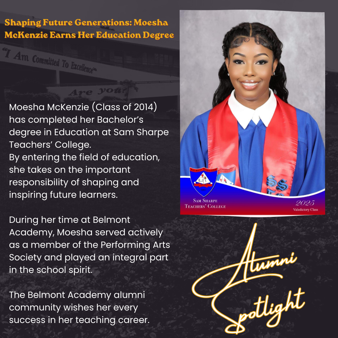 A young woman in a blue graduation gown and red stole, smiling for her graduation photo, with a background of a school building and a sign conveying commitment to excellence. She has braided hair and is wearing earrings.