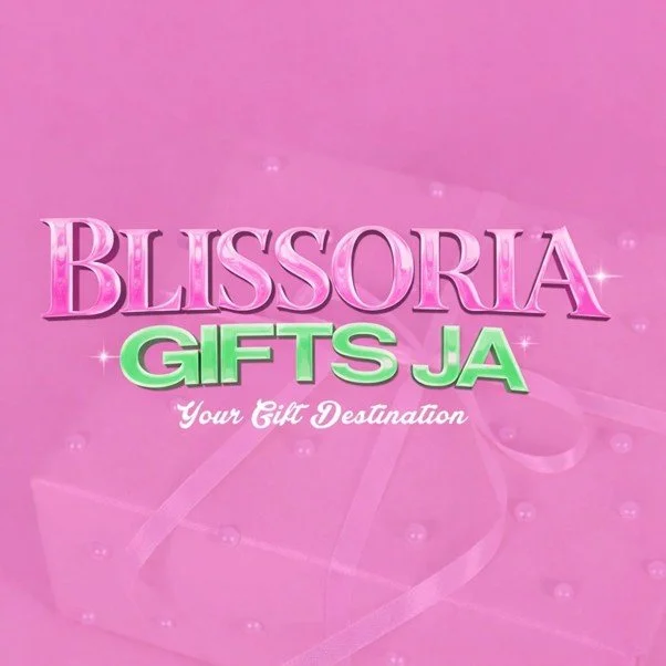 Pink background with the text 'BLISSORIA GIFTS JA' in large pink and green letters, and the tagline 'Your Gift Destination' in white script.