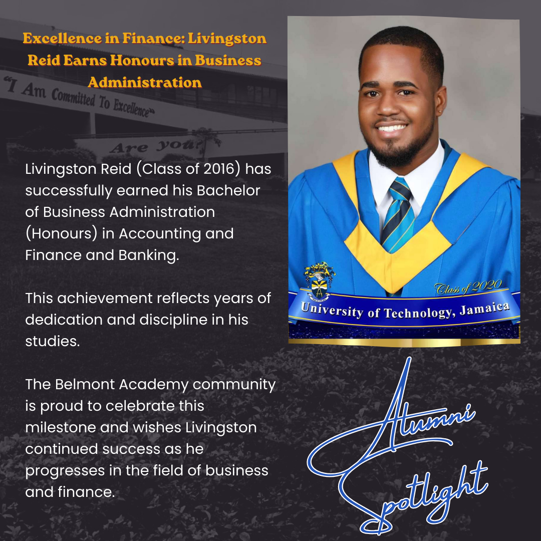 A graduation announcement poster featuring a smiling graduate in a blue and yellow academic gown from the University of Technology, Jamaica. The poster highlights Livingston Reid's achievement of earning a Bachelor of Business Administration degree in accounting and finance, class of 2016, with a background image of a building and an overlay of text celebrating his milestone.