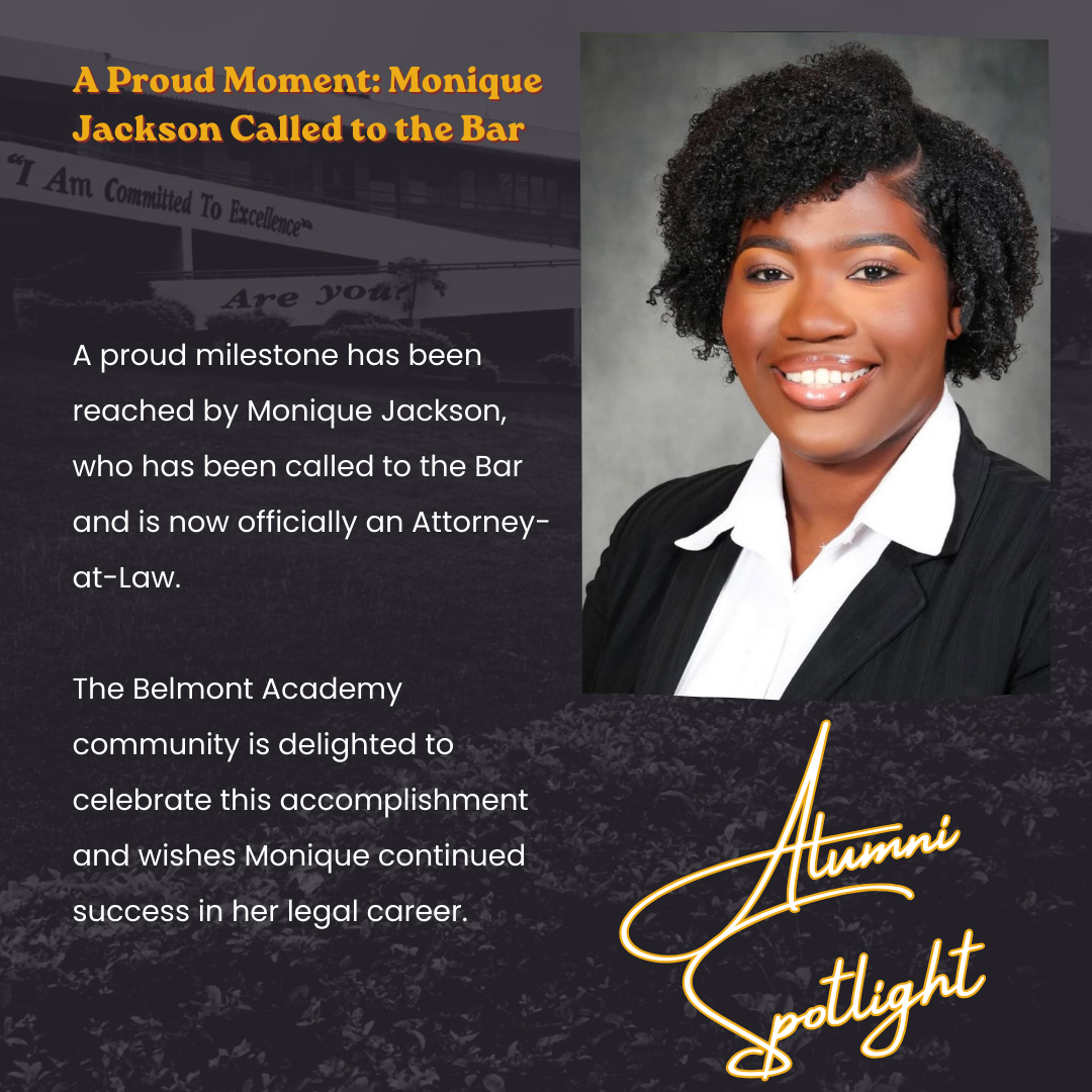 A celebration announcement for Monique Jackson's achievement of being called to the Bar and becoming an Attorney-at-Law, with her portrait on the right and congratulatory text on the left.