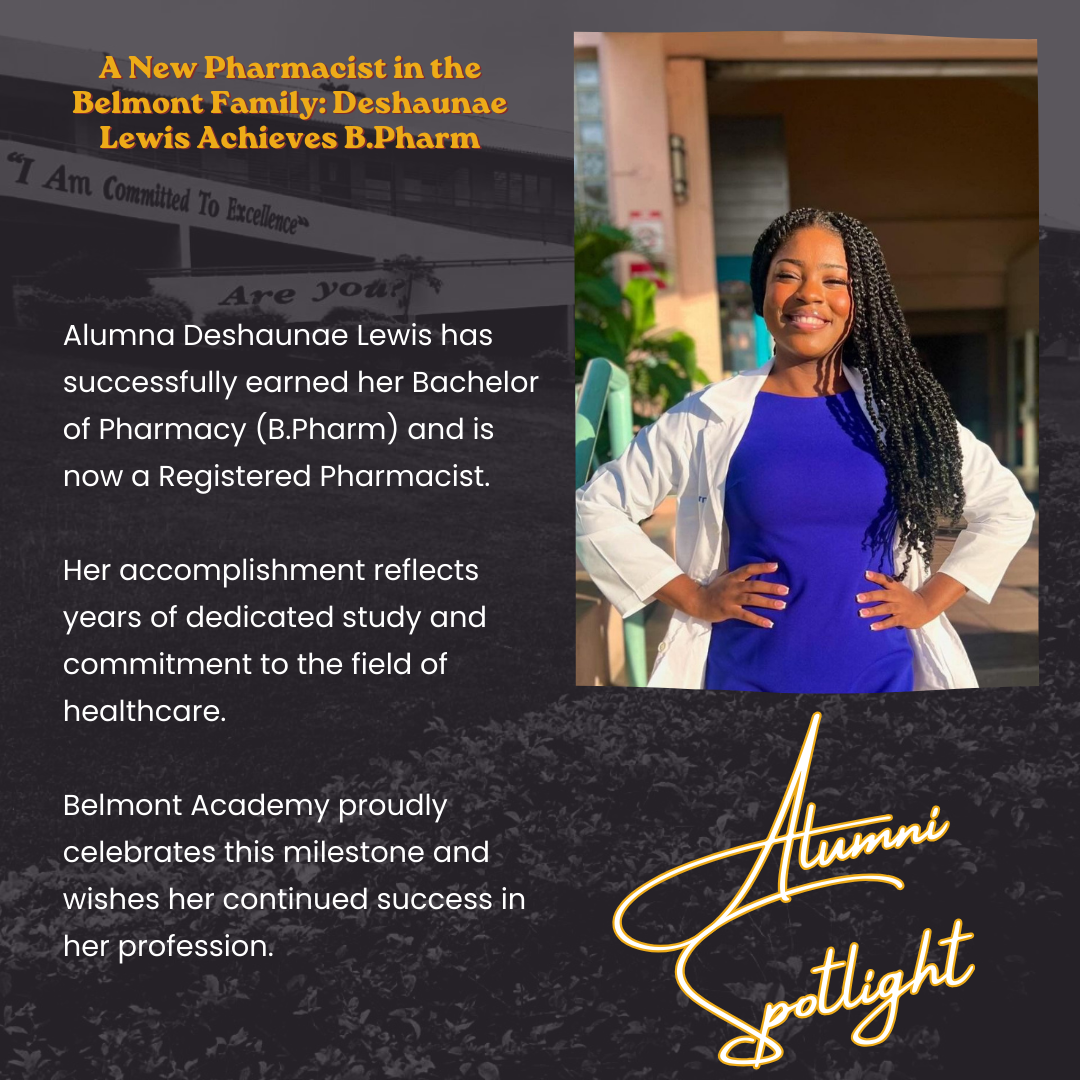 A woman wearing a white lab coat and blue dress, standing outdoors with hands on her hips, smiling. Text on the left side highlights her achievement of earning a Bachelor of Pharmacy degree and becoming a registered pharmacist. The background behind the text is a grayscale image of a campus building. The bottom right corner features a graphic with the words "Alumni Spotlight" in cursive.