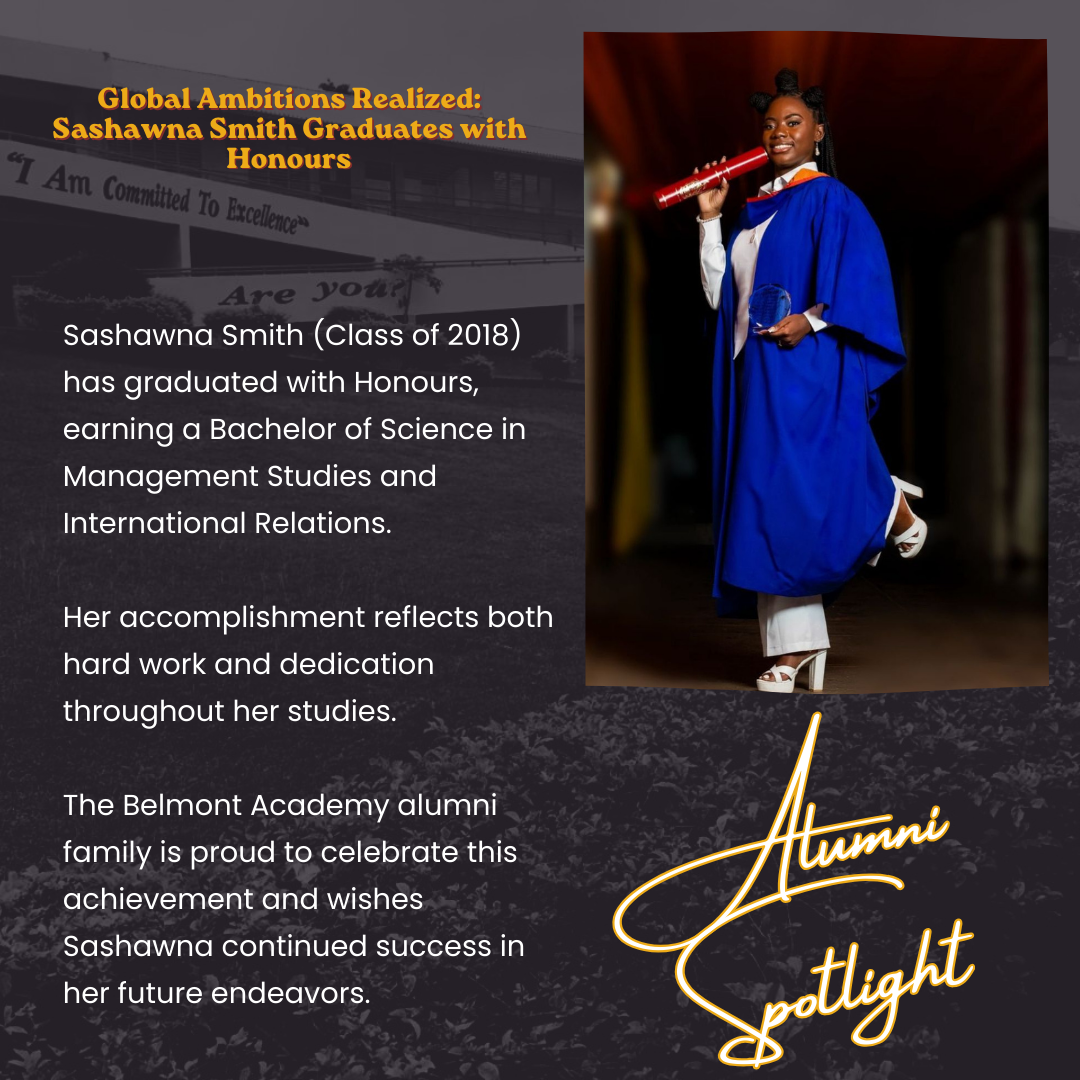 A graduation celebration poster featuring Sashawna Smith in her blue cap and gown holding her diploma and a trophy, with text highlighting her academic achievements and her family's pride.
