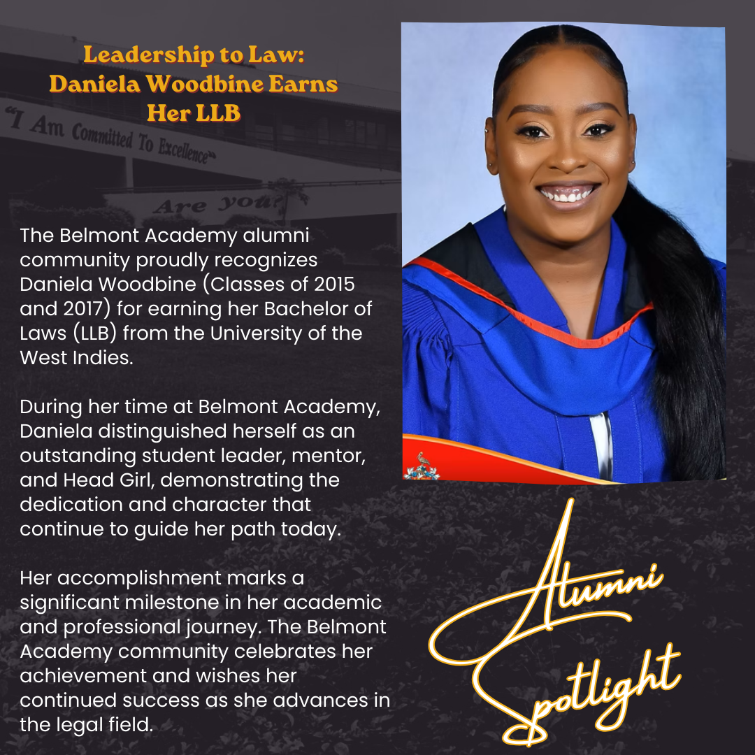 A portrait of Daniela Woodbine wearing a graduation gown, smiling. The image is part of a recognition post celebrating her achievement of earning a Bachelor of Laws from the University of the West Indies.