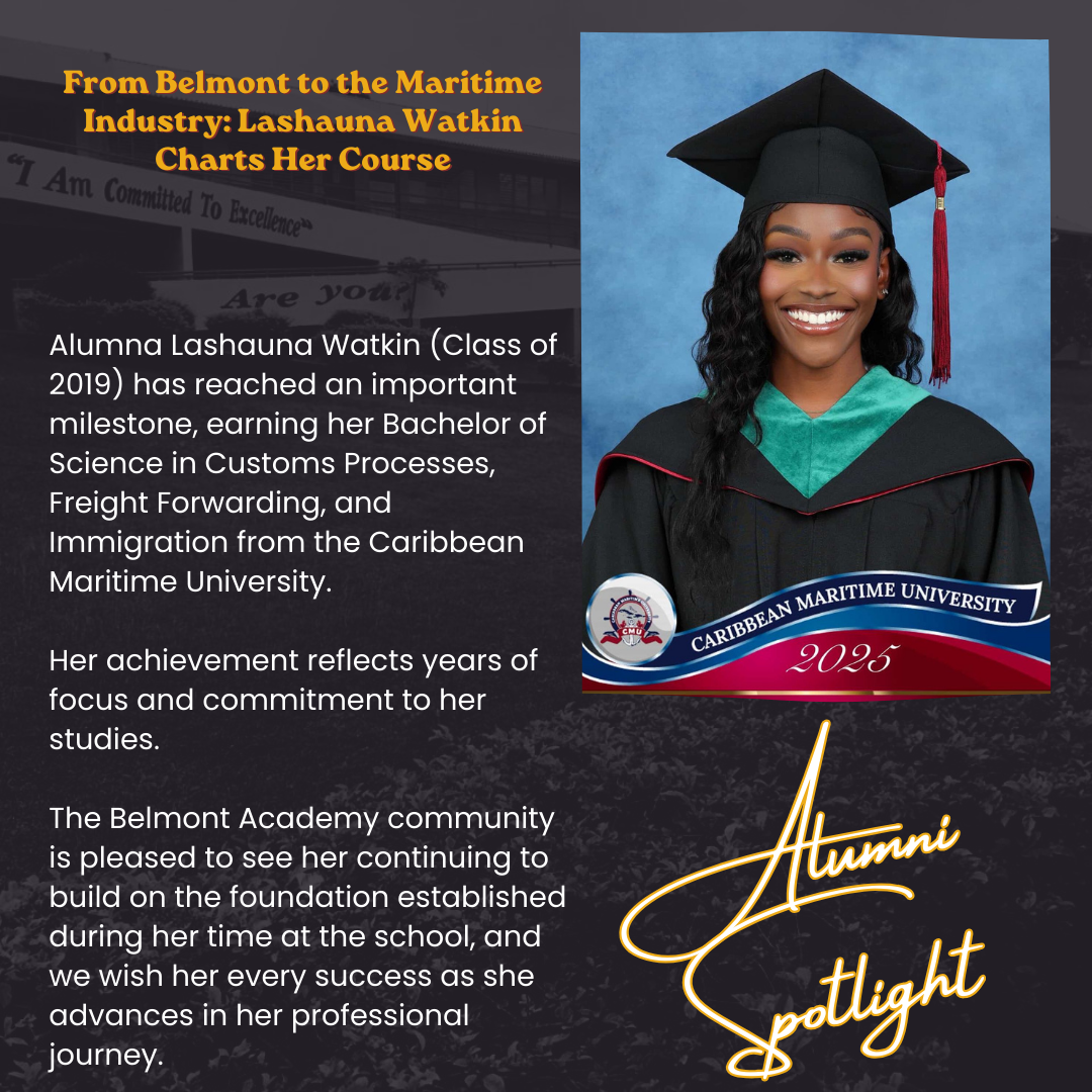A young woman in graduation cap and gown smiling for her graduation photo at Caribbean Maritime University, with text celebrating her academic achievement and alumni status in 2025.