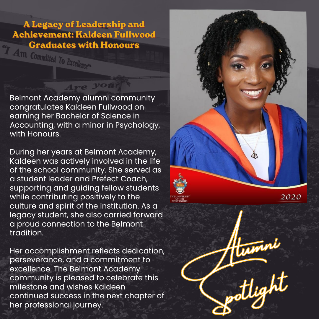 A graduation announcement for Kaldeen Fullwood, showing her in her graduation gown and diploma, with a congratulatory message from Belmont Academy, highlighting her academic achievements and leadership roles.