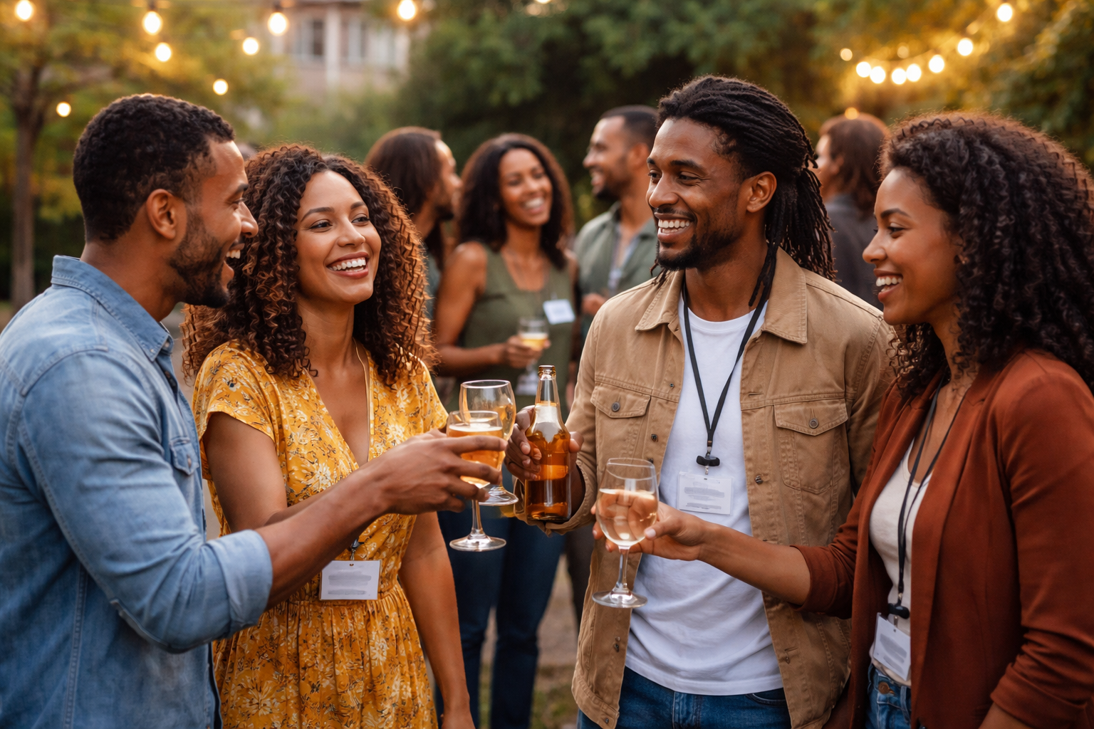 A group of people at an outdoor party, smiling and holding drinks, with string lights overhead and trees in the background.