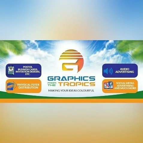 Graphic promoting graphics services including business cards, invitation cards, physical flyers, audio advertising, social media advertising, and more, with a tropical theme and a sunset background.