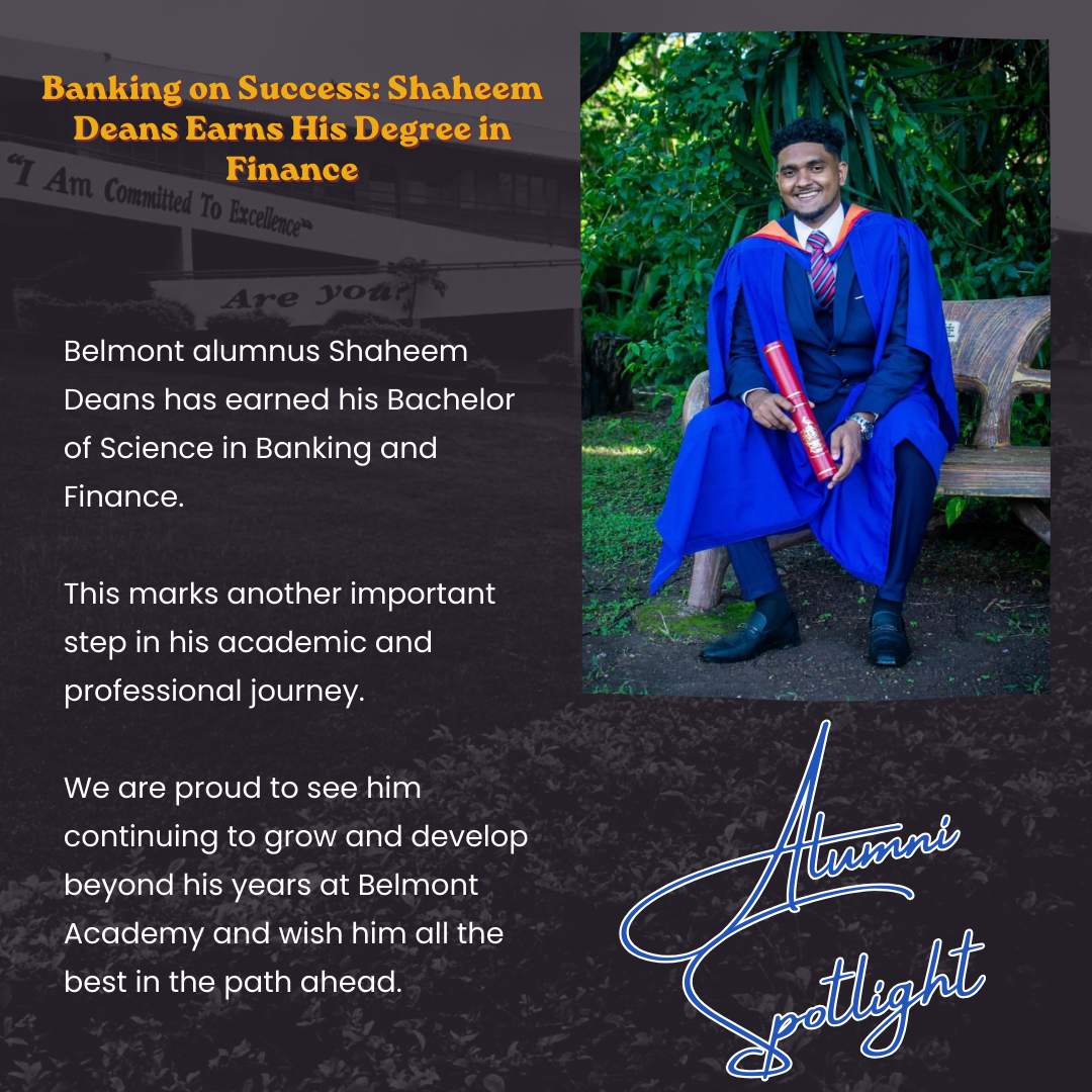 A young man in a blue graduation gown and cap sitting on a bench outdoors, holding a diploma, with lush green foliage in the background. Overlaid text highlights his academic achievement in finance.