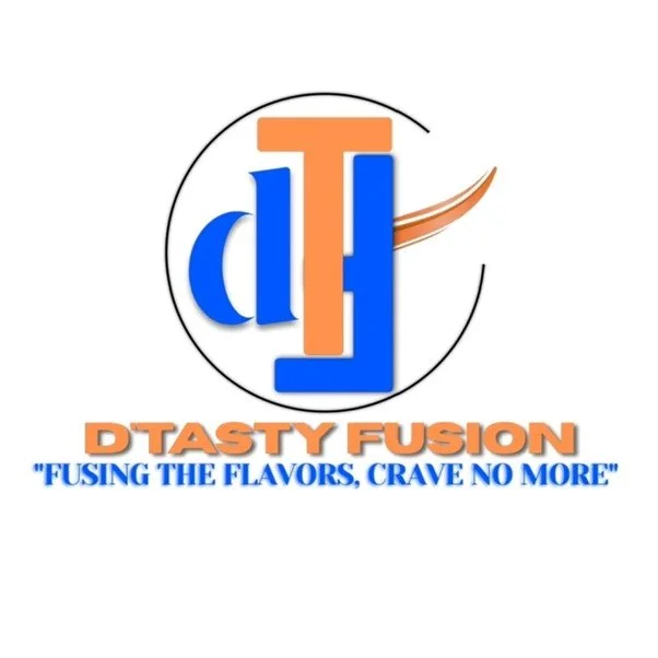 Logo for D'Tasty Fusion with stylized letters 'd', 'T', and 'F' in orange and blue, with a swoosh design, and the tagline 'Fusing the Flavors, Crave No More'.